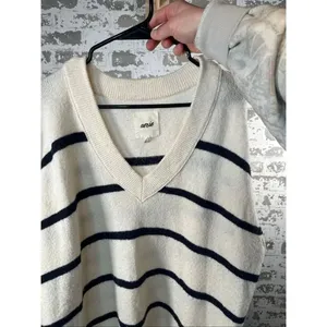Aerie | women black and cream striped vneck sweater oversized thumbnail 2