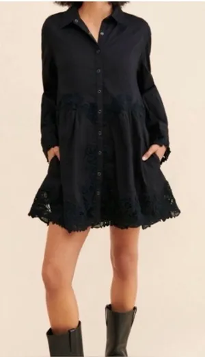 Free People Black Embroidered tunic Dress boho lace trim button front XS thumbnail 1
