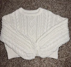 Cropped Cream Cable-Knit Crewneck Sweater - Women thumbnail 1