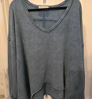 We The Free Waffle Knit V-Neck Pullover in Denim Blue thumbnail 1