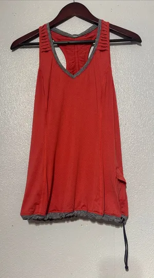 Lululemon Coral Red Gray Trim V-Neck Waistcord Racerback Athletic Tank Top 6 thumbnail 1