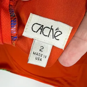 Vintage Cache Dress Size 2 Orange Abstract Floral Open Back Silk Blend Y2K Midi thumbnail 4