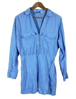 Zara Linen Blend Faux Wrap Long Sleeve Romper Blue Coastal Lughtweight Size M thumbnail 1