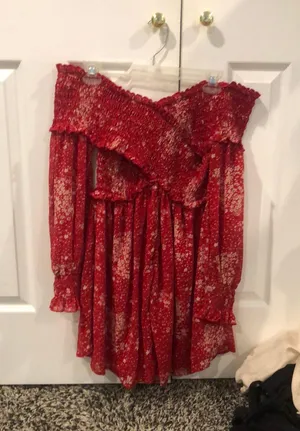 Long sleeve off the shoulder flower red dress thumbnail 1