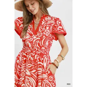 Umgee Paisley Print Midi Dress‎ with Side Pockets - Red - Small thumbnail 5