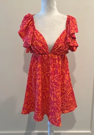 NWT Glam Orange and Pink Print Tie Back Dress Sz M thumbnail 3