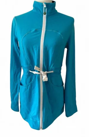 Lululemon Yohari Zip Front Jacket 10 Blue Mock Neck Tie Waist Sweatshirt Top thumbnail 1