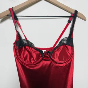 VTG 90s Victoria Secret Women Slip Dress 34C Cherry Red Lace‎ Trim Bustier Vamp thumbnail 5