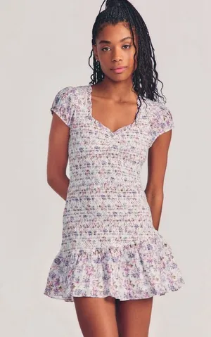 LOVESHACKFANCY Floral Smocked Mini Dress Puff Sleeve Asymmetric Ruffle Coquette thumbnail 1