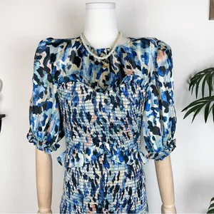 Elliatt Incubus Smocked Short Sleeve Mini Dress in Blue Multi Size Small NWT thumbnail 9