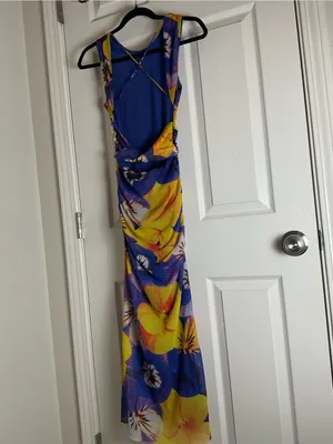 Zara Vibrant Floral Print Mesh Maxi Dress Criss Cross Open Back S thumbnail 10
