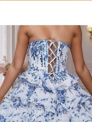 New Floral Pink Chiffon Strapless Tiered A Line Mini Prom Homecoming Formal Gown thumbnail 2