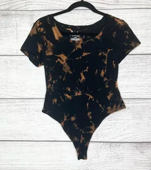 Hand Dyed Black Bleach Tie Dye Scoop Neck Short Sleeve Bodysuit Top Size Large thumbnail 5