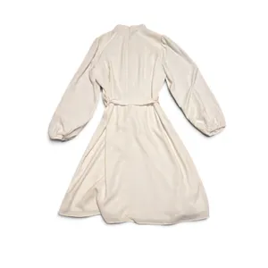 Ann Taylor Womens 12 Cream Crepe Mock Neck‎ Gold Button Belted Puff Sleeve Dress thumbnail 3