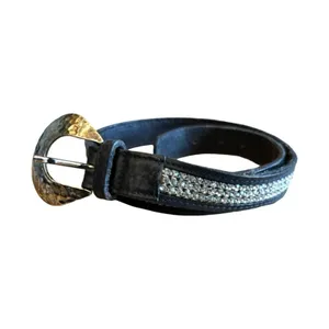 Italian Leather Rhinestone Belt Size XS Western Silver Black Boho Vintage thumbnail 2