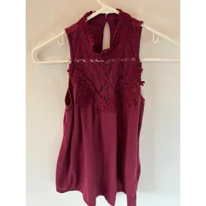 Dark Red Lace Crochet High‎ Neck Sleeveless Top Boho Keyhole Back Maroon Tank thumbnail 2