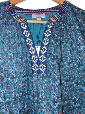 Anthropologie Current Air Floral TribalSplit Neck Blouse Puff Sleeves NWT Small thumbnail 5