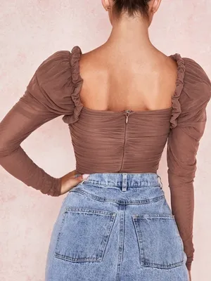 House Of CB Emme Mocha Ruched Chiffon Puff Sleeve Bodysuit Top Size Large thumbnail 4