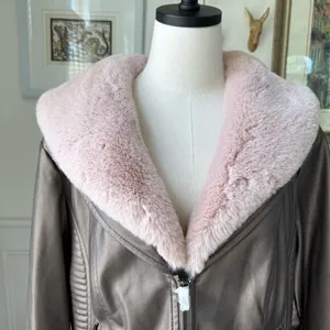 NWT Midnight Velvet Metallic Taupe Faux Leather Moto Jacket Pink Faux Fur Collar thumbnail 3