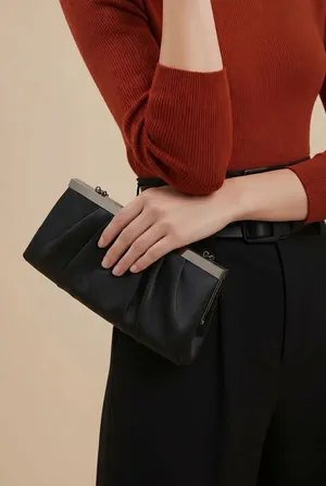Black Satin Evening Clutch With Silver Chain Strap and Kiss Lock Frame thumbnail 2