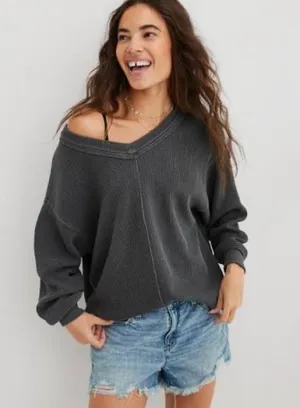 Aerie Wonder Textured V-Neck Sweatshirt thumbnail 1