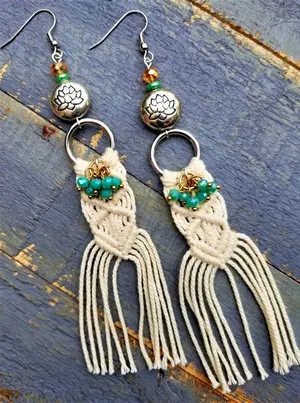 Bohemian Cream Macrame Tassel Earrings with Turquoise Beads thumbnail 1