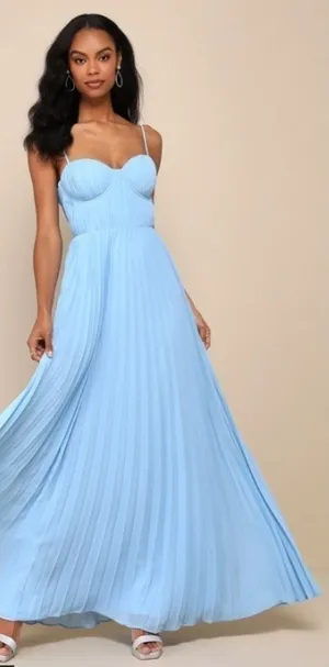 LULU's Prom Wedding Bridesmaid Sexy Pleated Bustier Romantic Flowy Maxi Dress thumbnail 1