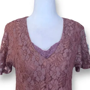Vintage‎ 90s Brown Floral Lace Chiffon Panel Midi Dress Small Romantic Sheer thumbnail 5