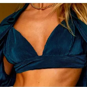 12th Tribe Blue Rib Velvet Velour V-neck Sleeveless Crop Corduroy Bra Tank Top S thumbnail 1