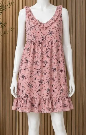 Vanity Womens Dress Pink Floral Ruffle Empire Waist Mini Small thumbnail 1