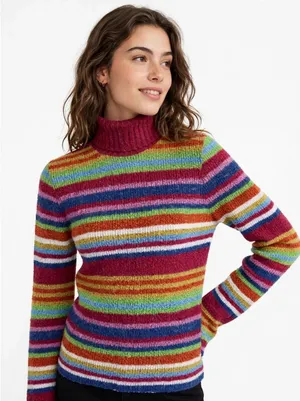 Kookai Women's S Rainbow Stripe Knit Turtleneck Sweater Made Italy thumbnail 1