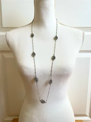 Women’s Long Necklace Silver-tone Sparkly Teardrop Filigree Adjustable thumbnail 1