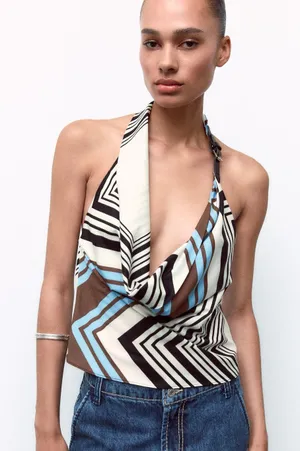 Zara Draped Halter Striped Cotton Top thumbnail 1