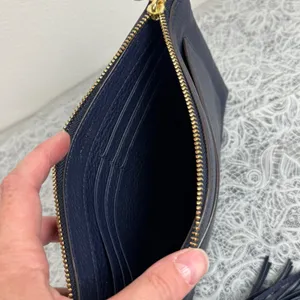 Tory Burch Thea Navy Pebbled Leather Tassel Clutch Bag Gold Hardware thumbnail 4