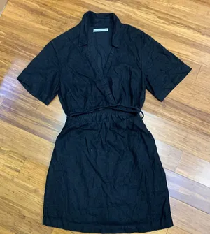 Abercrombie & Fitch Black Linen Blend Wrap Dress Collared Short Sleeve Cutout‎ S thumbnail 1