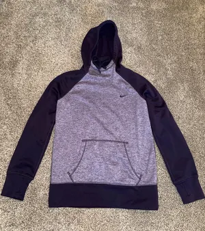 Nike Therma-Fit Two-Tone Purple and Heather Gray Pullover Hoodie with Thumbholes thumbnail 1