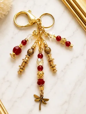 NEW One of a Kind Crimson Dragonfly Handmade Beaded Bag Charm Keychain (#36) thumbnail 1
