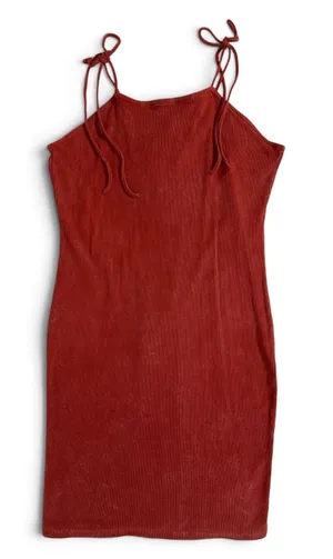 Double Zero Dress L Rust Ribbed Bodycon Mini Tie Shoulder Stretch Cotton thumbnail 1