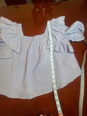 Zara Blue Gingham Ruffle Smocked Blouse XL Cotton Coquette Coastal Picnic Top thumbnail 7