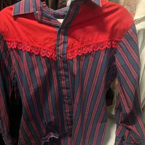Ranch and Town Vintage Western Red and Blue Striped Button-Up Shirt with Lace thumbnail 1