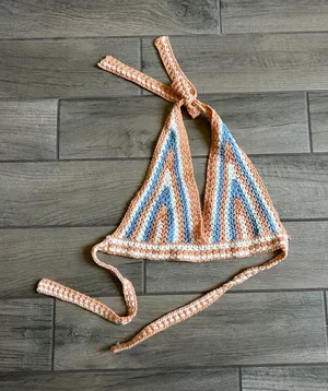 Sans Souci Crochet Halter Top in Peach, Blue, Cream thumbnail 1