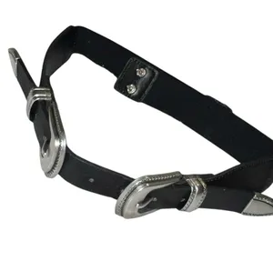 Black Double Buckle snap back Belt with Silver Accents thumbnail 1