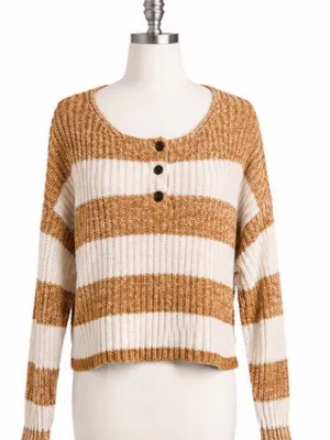American Eagle Cropped Striped Henley Sweater Size Medium Tan Cream Chunky Knit thumbnail 1