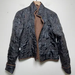 Due Per Due Women 100% SILK Chore Jacket L Brown Reversible Quilted‎ Embroidered thumbnail 6