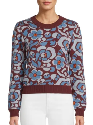 Driftwood Floral Jacquard Cropped Crewneck Sweater Rust Blue L NWT thumbnail 1