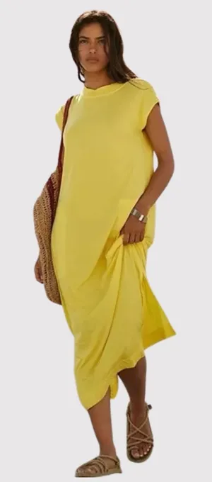 Free People FP Beach Womens Dress Yellow All Day Long Midi T Shirt Slit Medium thumbnail 1
