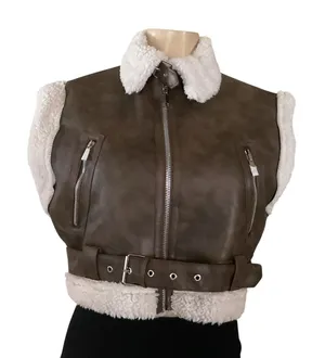 ANWND Brown Faux Shearling Moto Vest Belted Zip Sherpa Lined Women’s Size S NWT thumbnail 1