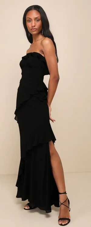 NWT Lulus Dramatic Allure Black Ruffled Cutout Strapless Maxi Dress Gala Size M thumbnail 1
