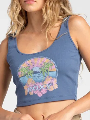 Roxy Blue Ribbed Scoop Crop Tank with Tropical Graphic thumbnail 1