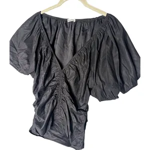 Reformation Sonny Puff Sleeve Top Size 10 Black Short Sleeve Ruched‎ Blouse thumbnail 5